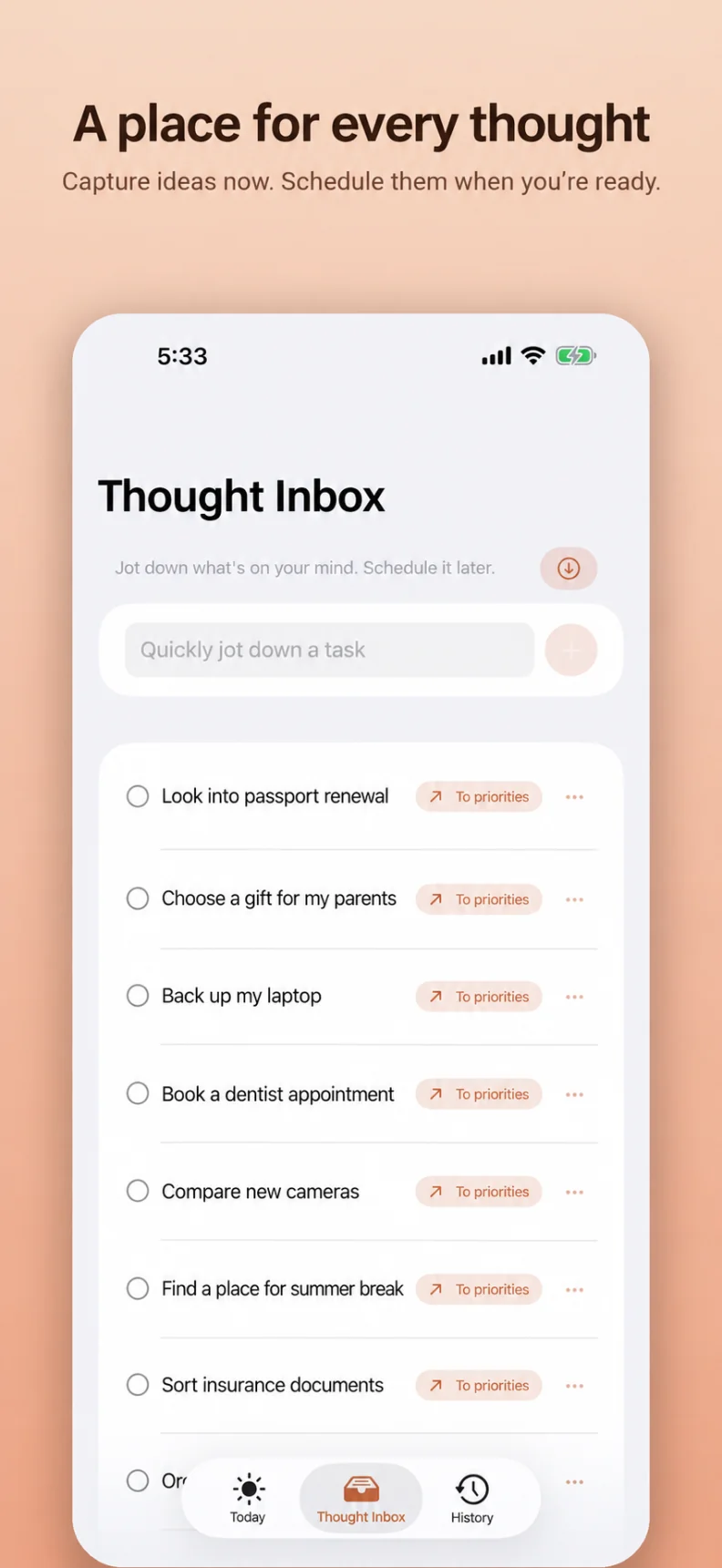 Localized iPhone Thought Inbox. Capture ideas and move them into your priorities.